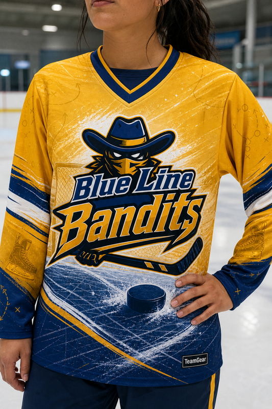 Blue Line Bandits Gold Hockey Jersey — custom hockey jersey worn on model — TeamGear Canada