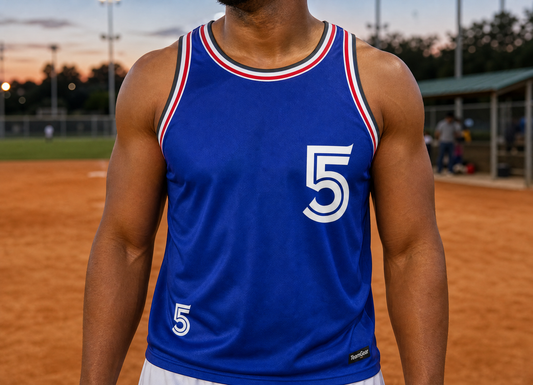 Blue Tank Top Softball Jersey — custom softball jersey worn on model — TeamGear Canada