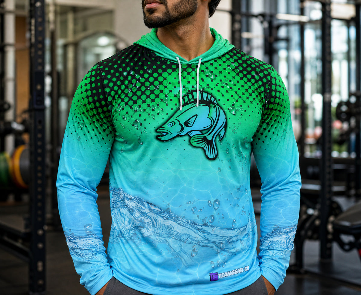 Blue Walleye Fishing Hoodie — custom hoodie worn on model — TeamGear Canada