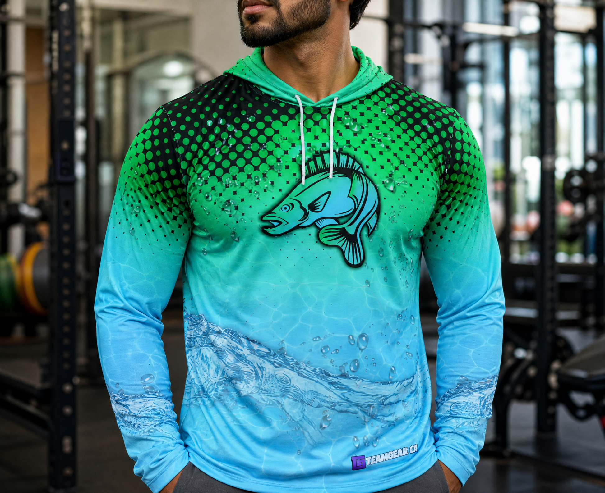 Blue Walleye Fishing Hoodie — custom hoodie worn on model — TeamGear Canada