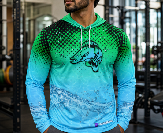 Blue Walleye Fishing Hoodie — custom hoodie worn on model — TeamGear Canada