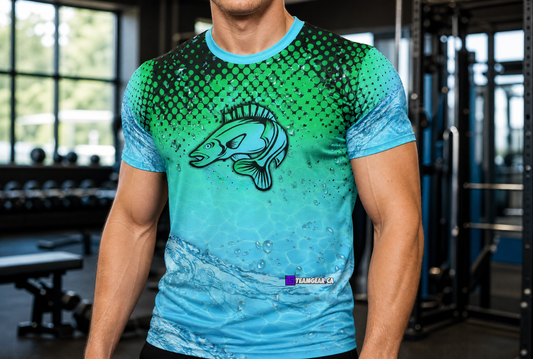 Blue Walleye Fishing Jersey — custom jersey worn on model — TeamGear Canada