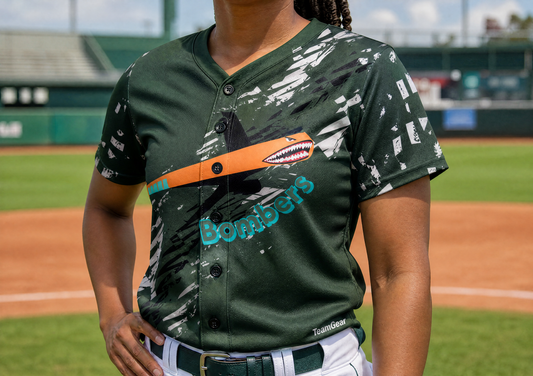 Bombers Army Green Baseball Jersey Full Button — custom baseball jersey worn on model — TeamGear Canada