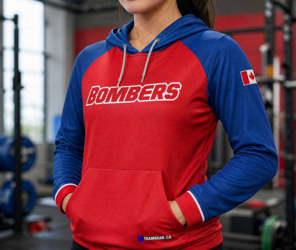 Bombers Red Hoodie — custom hoodie worn on model — TeamGear Canada