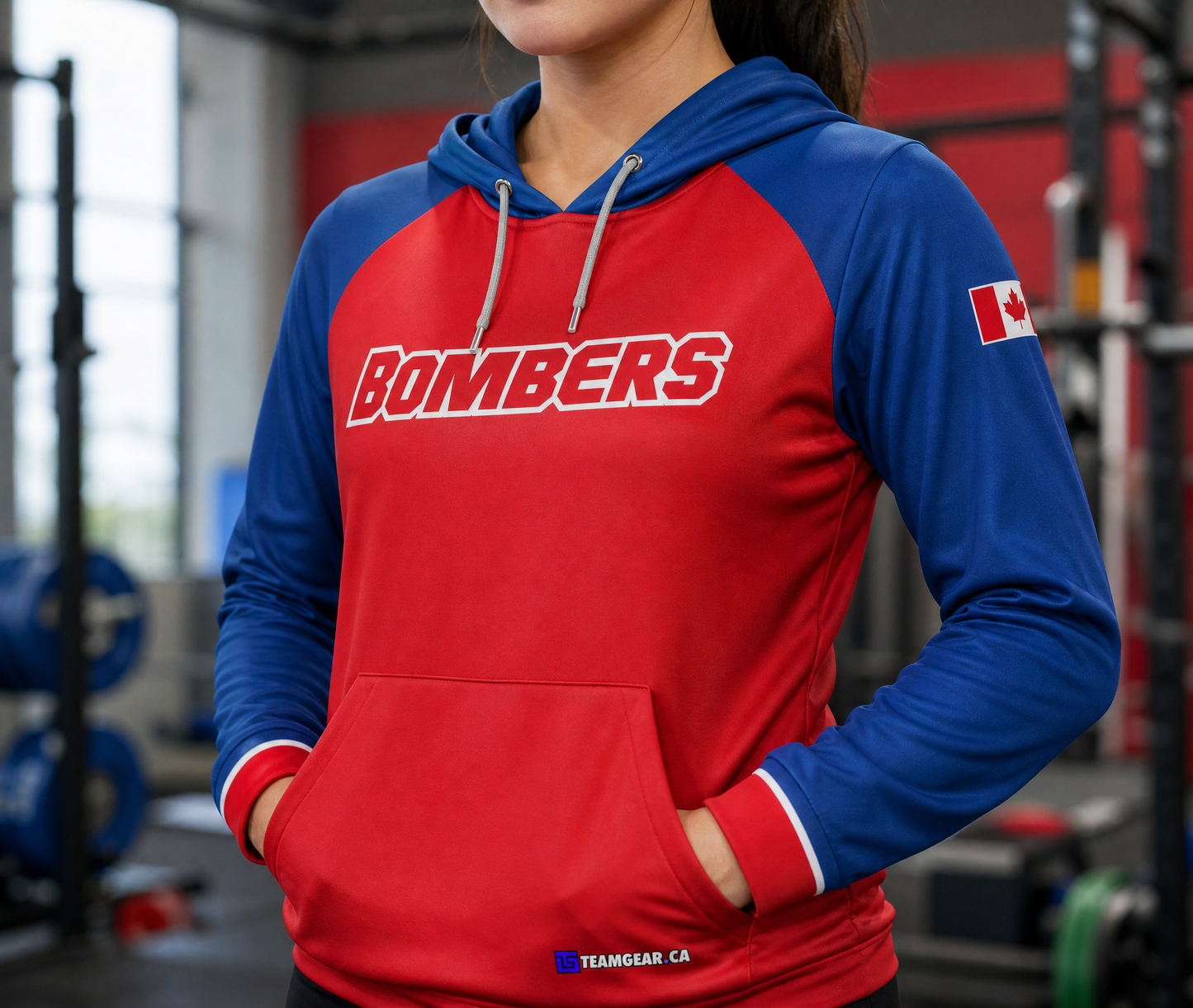 Bombers Red Hoodie — custom hoodie worn on model — TeamGear Canada