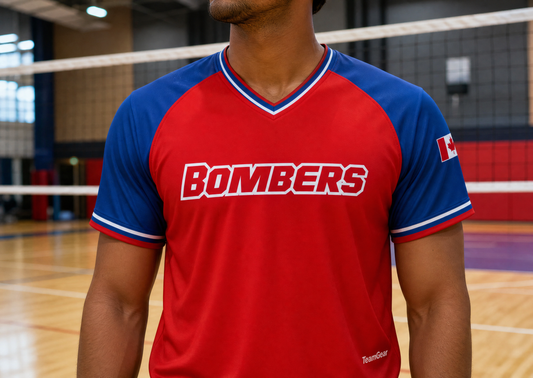 Bombers Red Volleyball Jersey — custom volleyball jersey worn on model — TeamGear Canada