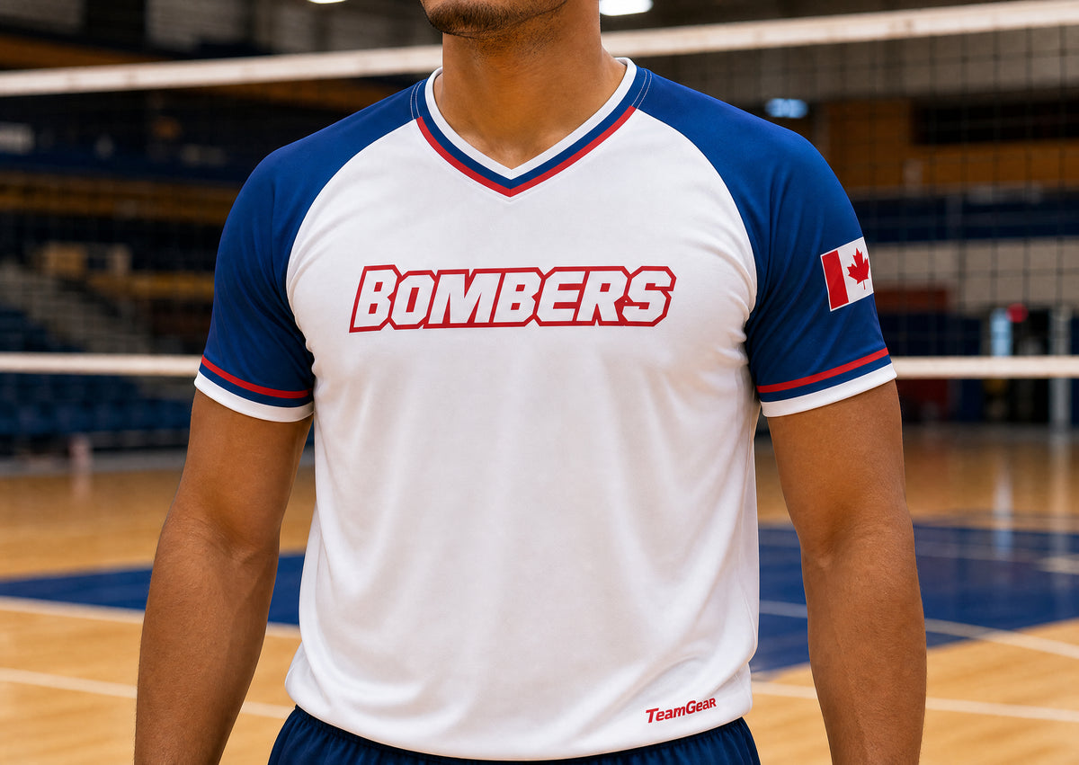 Bombers White Volleyball Jersey — custom volleyball jersey worn on model — TeamGear Canada