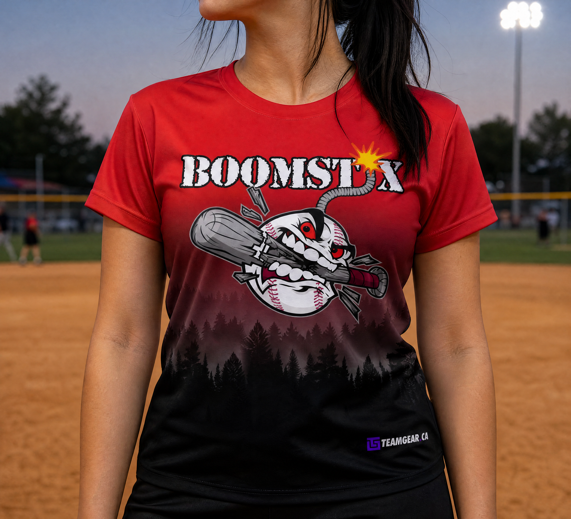 Boomstix Red Softball Jersey — custom softball jersey worn on model — TeamGear Canada