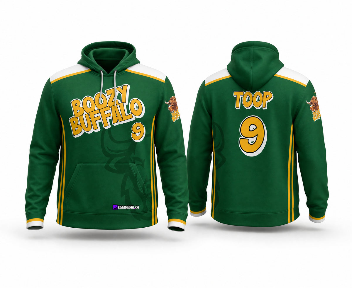 Boozy Buffalo Green Softball Hoodie - front and back view