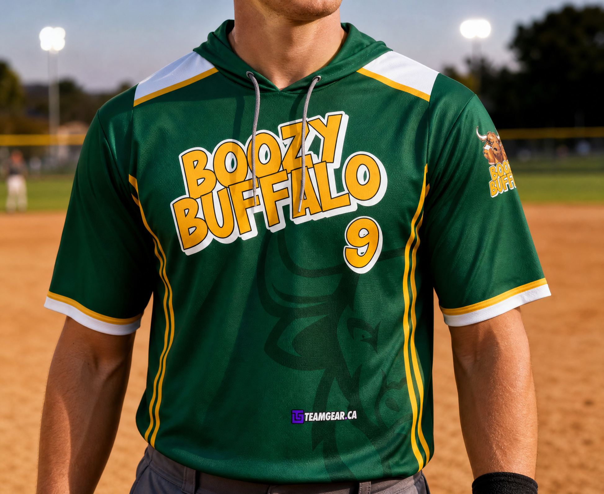 Boozy Buffalo Green Softball Hoodie — custom softball hoodie worn on model — TeamGear Canada