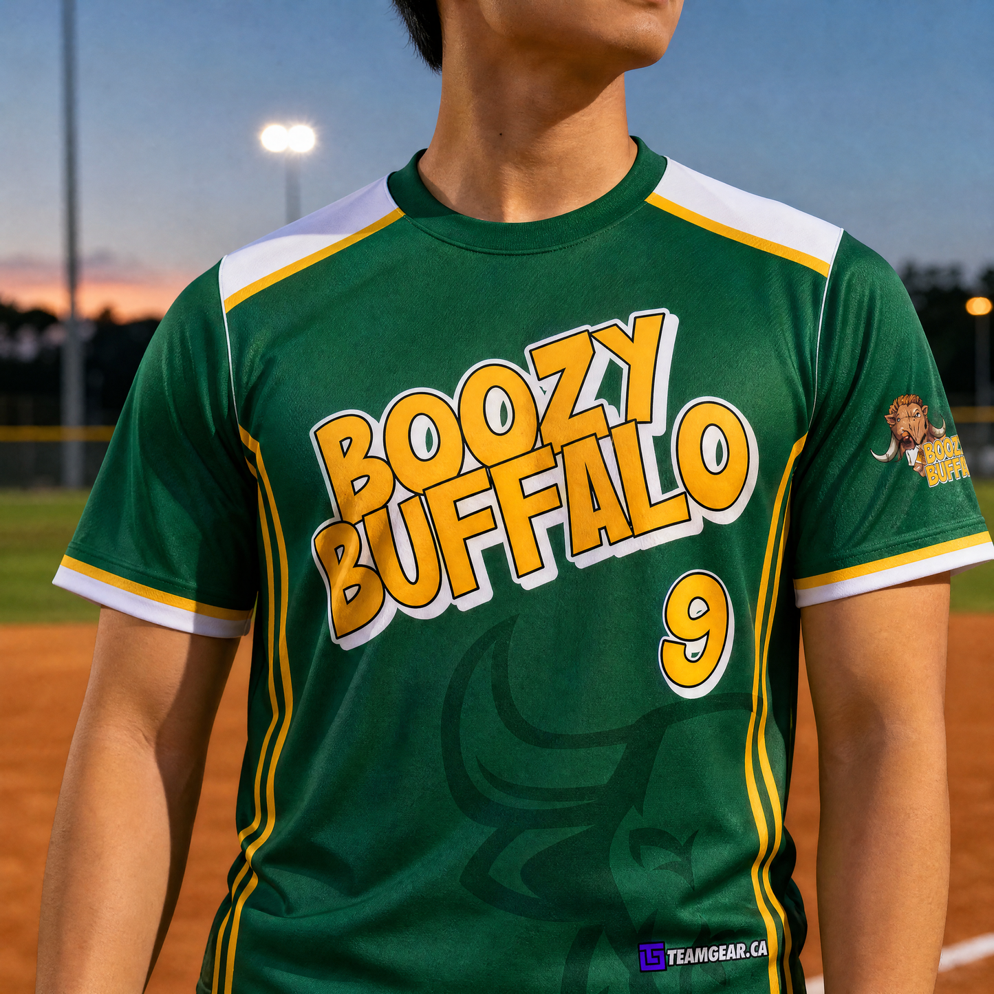 Boozy Buffalo Green Softball Jersey — custom softball jersey worn on model — TeamGear Canada