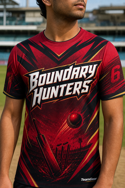 Boundary Hunters Crimson Cricket Jersey — custom cricket jersey worn on model — TeamGear Canada