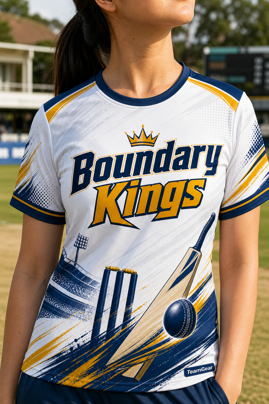 Boundary Kings White Cricket Jersey — custom cricket jersey worn on model — TeamGear Canada