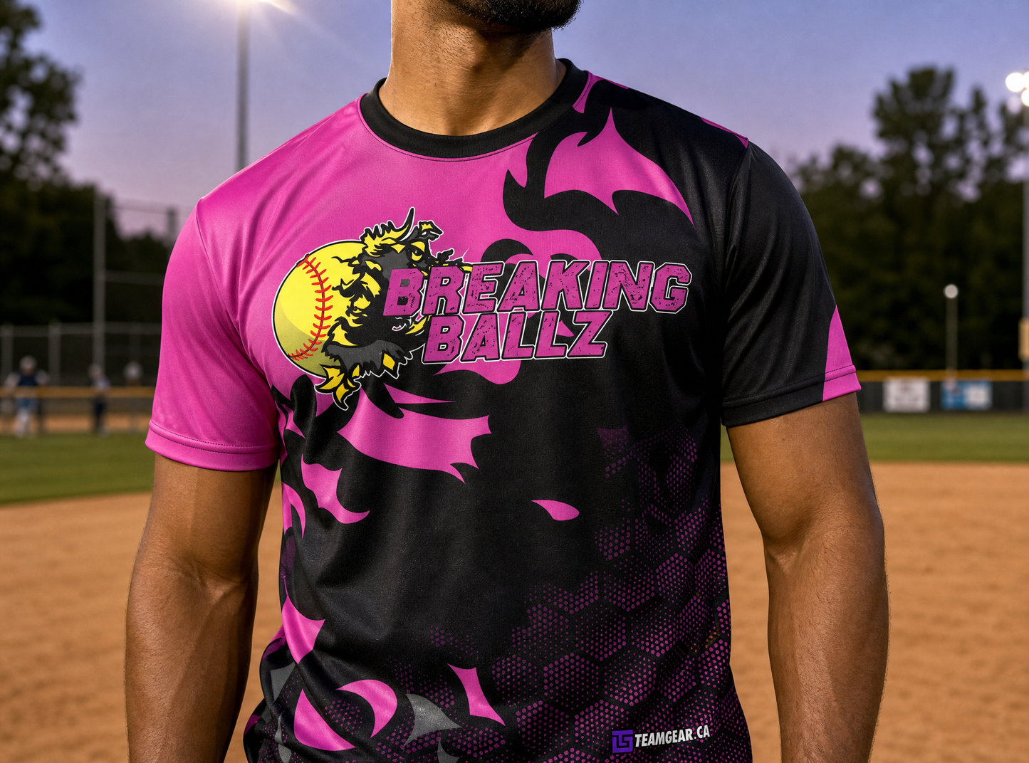 Breaking Ballz Pink Softball Jersey — custom softball jersey worn on model — TeamGear Canada