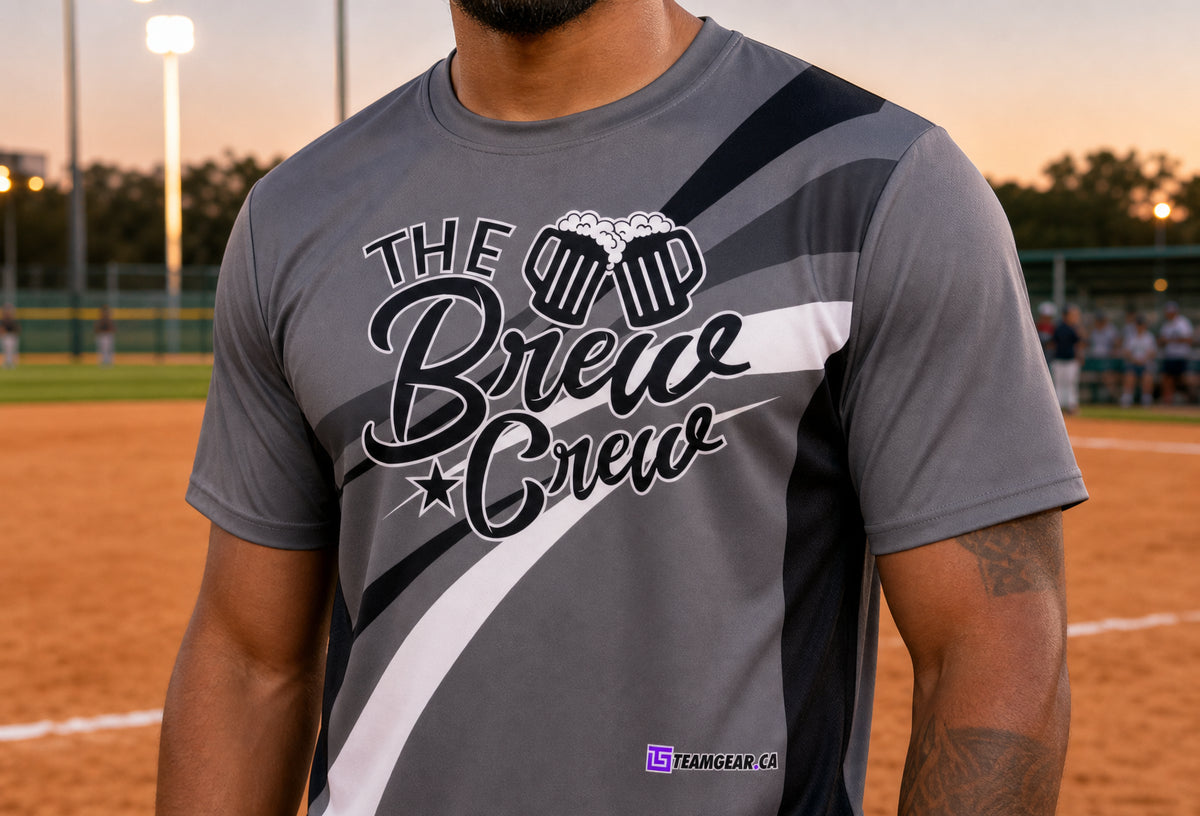 Brew Crew Grey Softball Jersey — custom softball jersey worn on model — TeamGear Canada