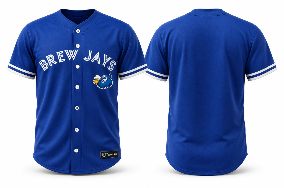 Brew Jays Blue Baseball Jersey Full Button - front and back view