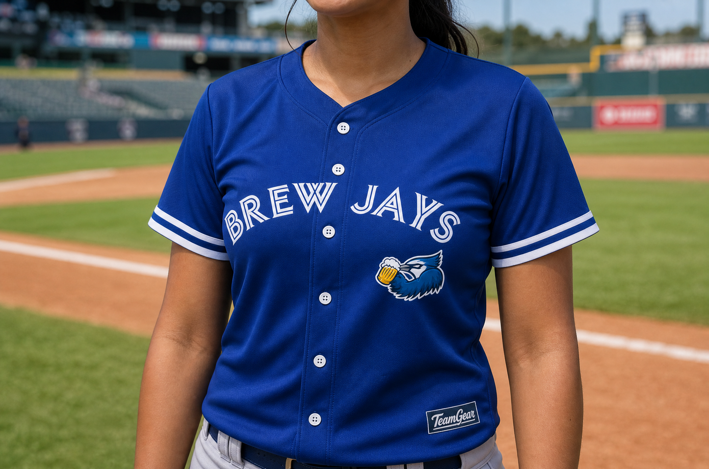 Brew Jays Blue Baseball Jersey Full Button — custom baseball jersey worn on model — TeamGear Canada