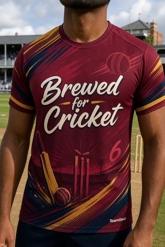 Brewed for Cricket Maroon Cricket Jersey — custom cricket jersey worn on model — TeamGear Canada