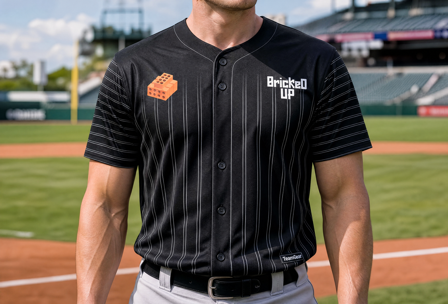 Bricked Up Baseball Jersey Full Button — custom baseball jersey worn on model — TeamGear Canada