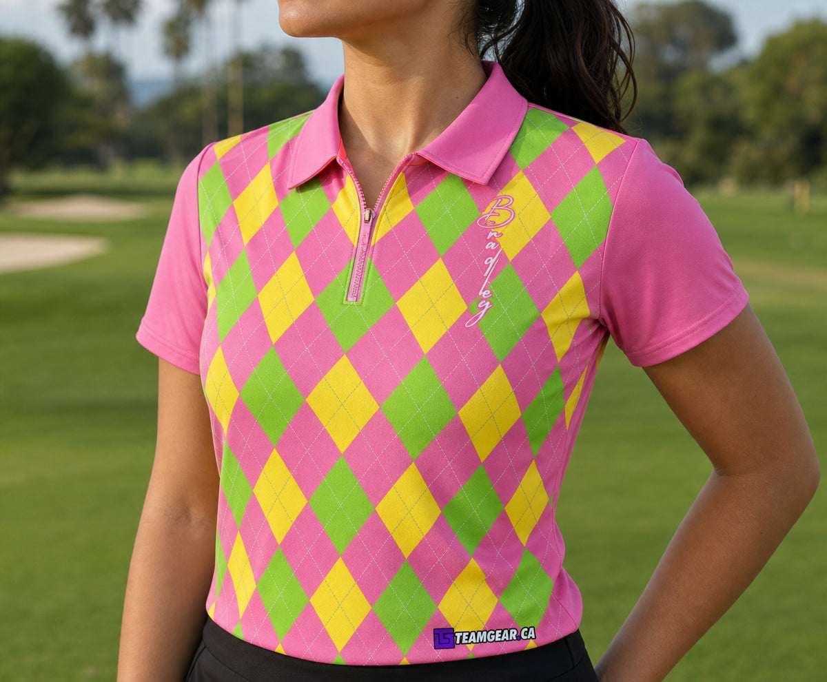 Bright Argyle Golf Jersey — custom golf jersey worn on model — TeamGear Canada