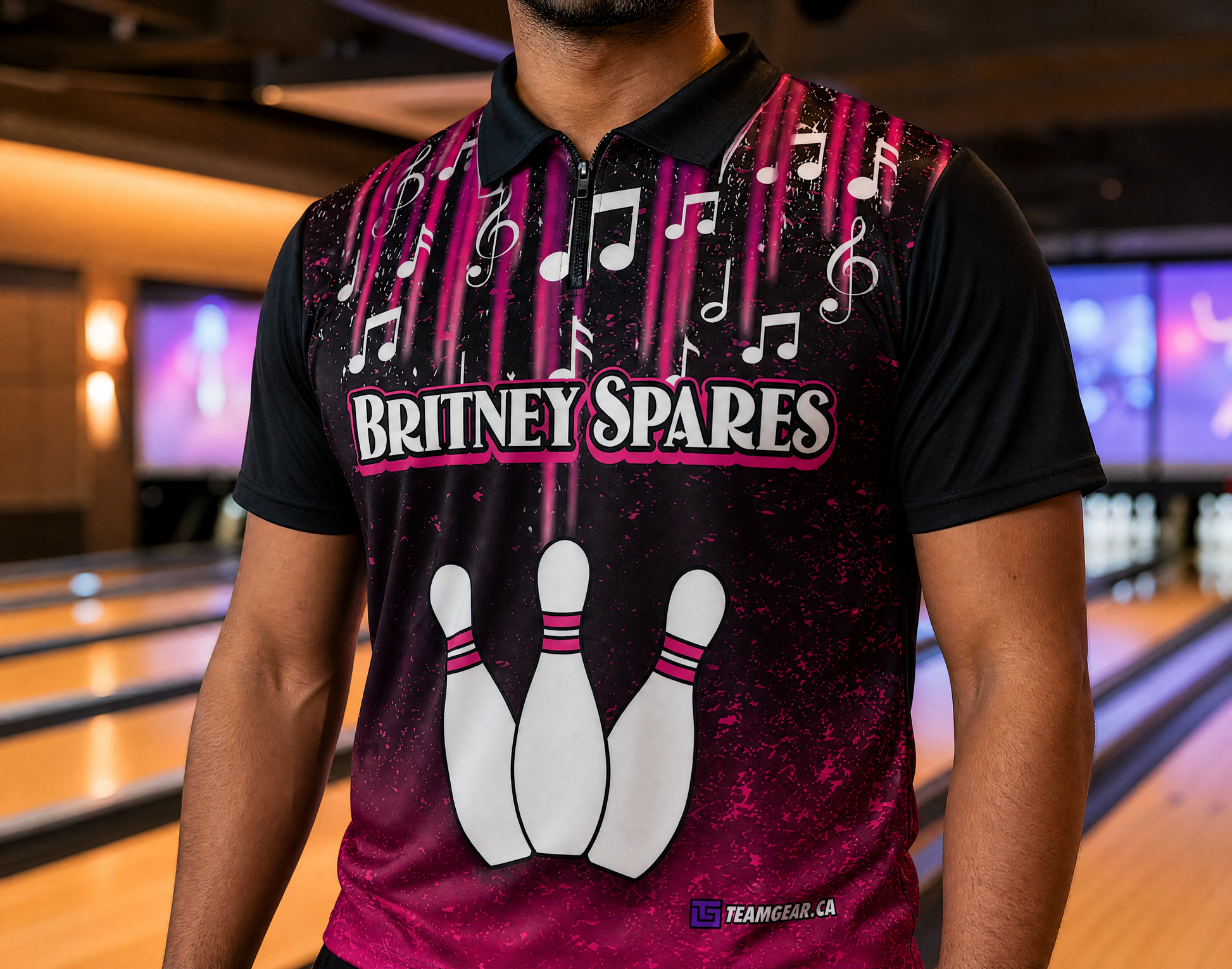 Britney Spares Funny Bowling Jersey — custom bowling jersey worn on model — TeamGear Canada