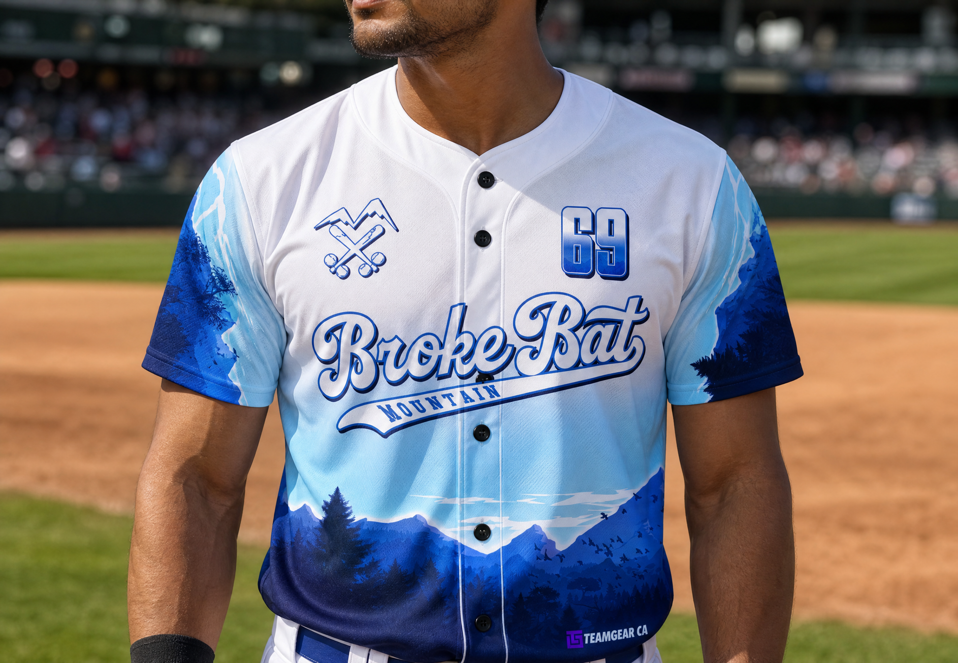 Brokebat Mountain Blue Baseball Jersey Full Button — custom baseball jersey worn on model — TeamGear Canada