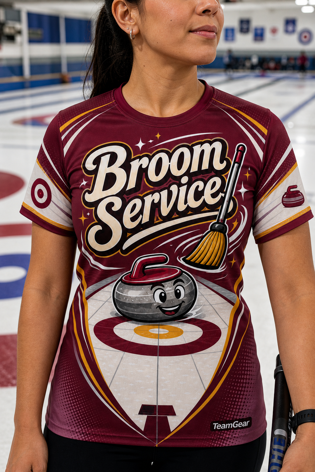 Broom Service Maroon Curling Jersey — custom curling jersey worn on model — TeamGear Canada