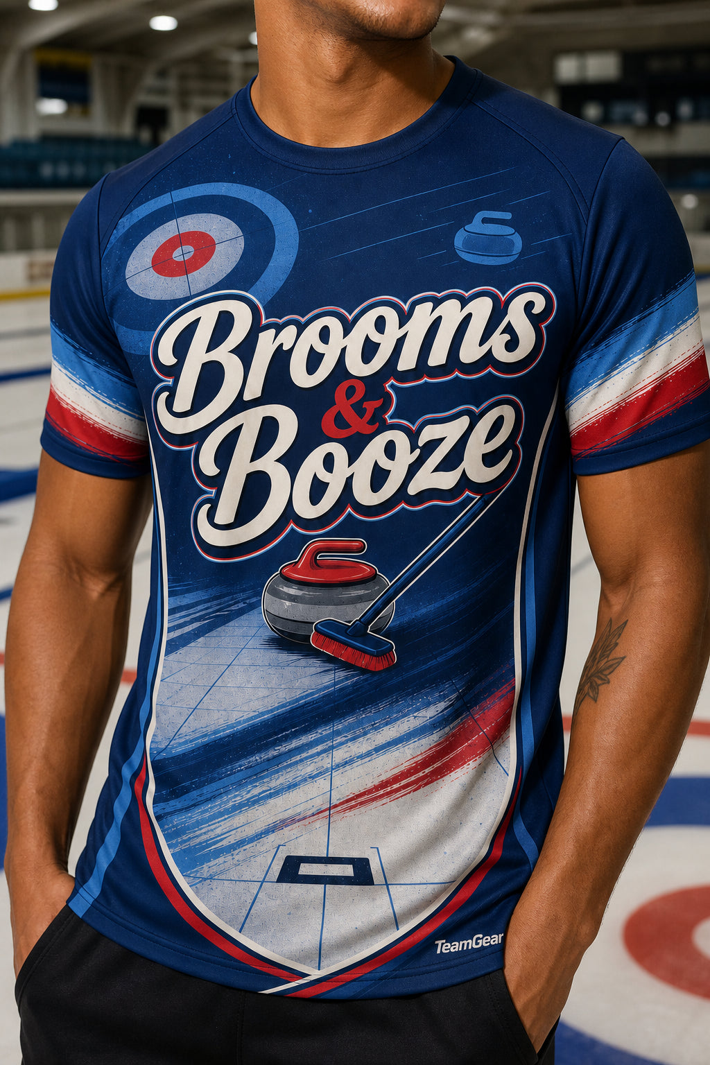 Brooms & Booze Navy Curling Jersey — custom curling jersey worn on model — TeamGear Canada