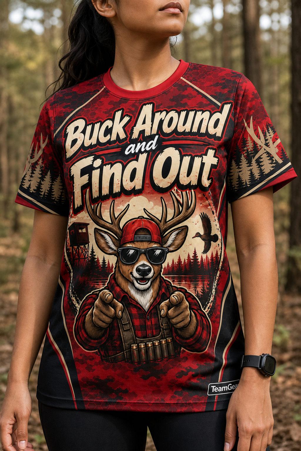 Buck Around and Find Out Red Hunting Jersey — custom hunting jersey worn on model — TeamGear Canada