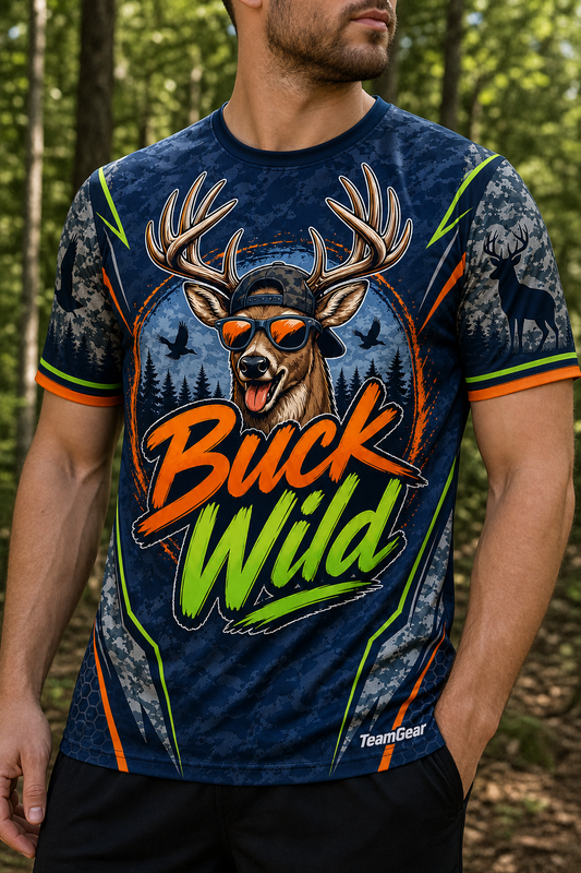 Buck Wild Navy Hunting Jersey — custom hunting jersey worn on model — TeamGear Canada