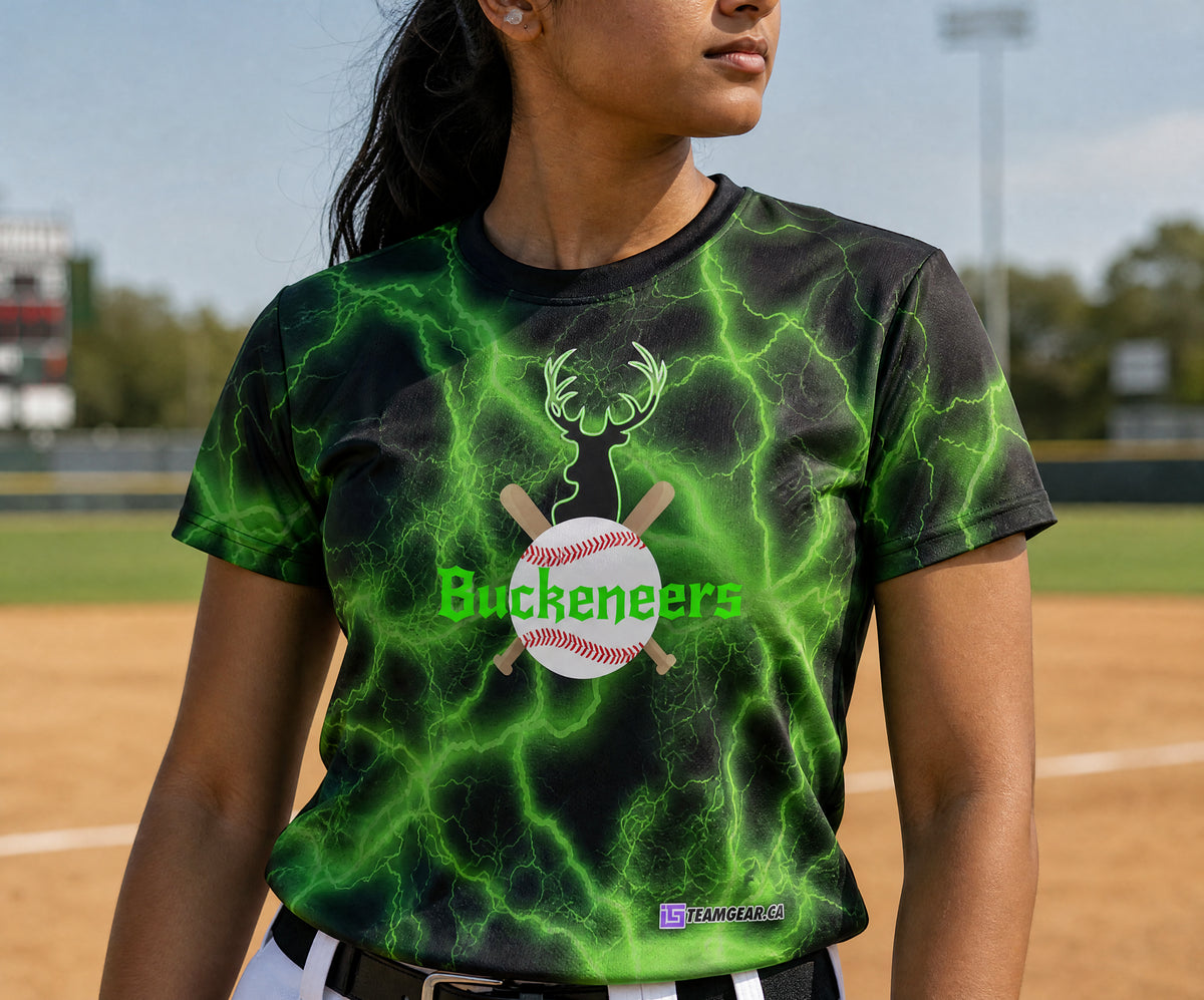 Buckeneers Green Baseball Jersey — custom baseball jersey worn on model — TeamGear Canada