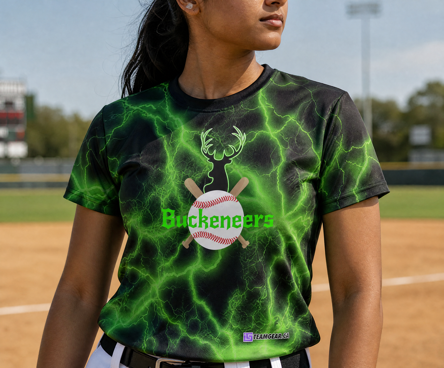 Buckeneers Green Baseball Jersey — custom baseball jersey worn on model — TeamGear Canada
