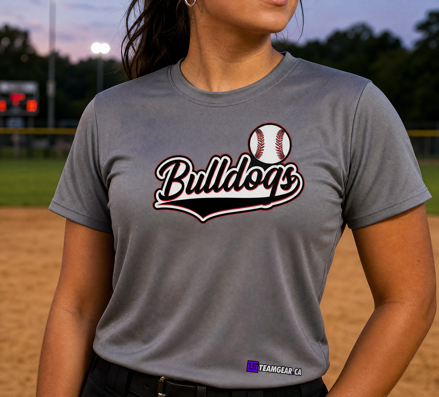 Bulldogs Grey Softball Jersey — custom softball jersey worn on model — TeamGear Canada