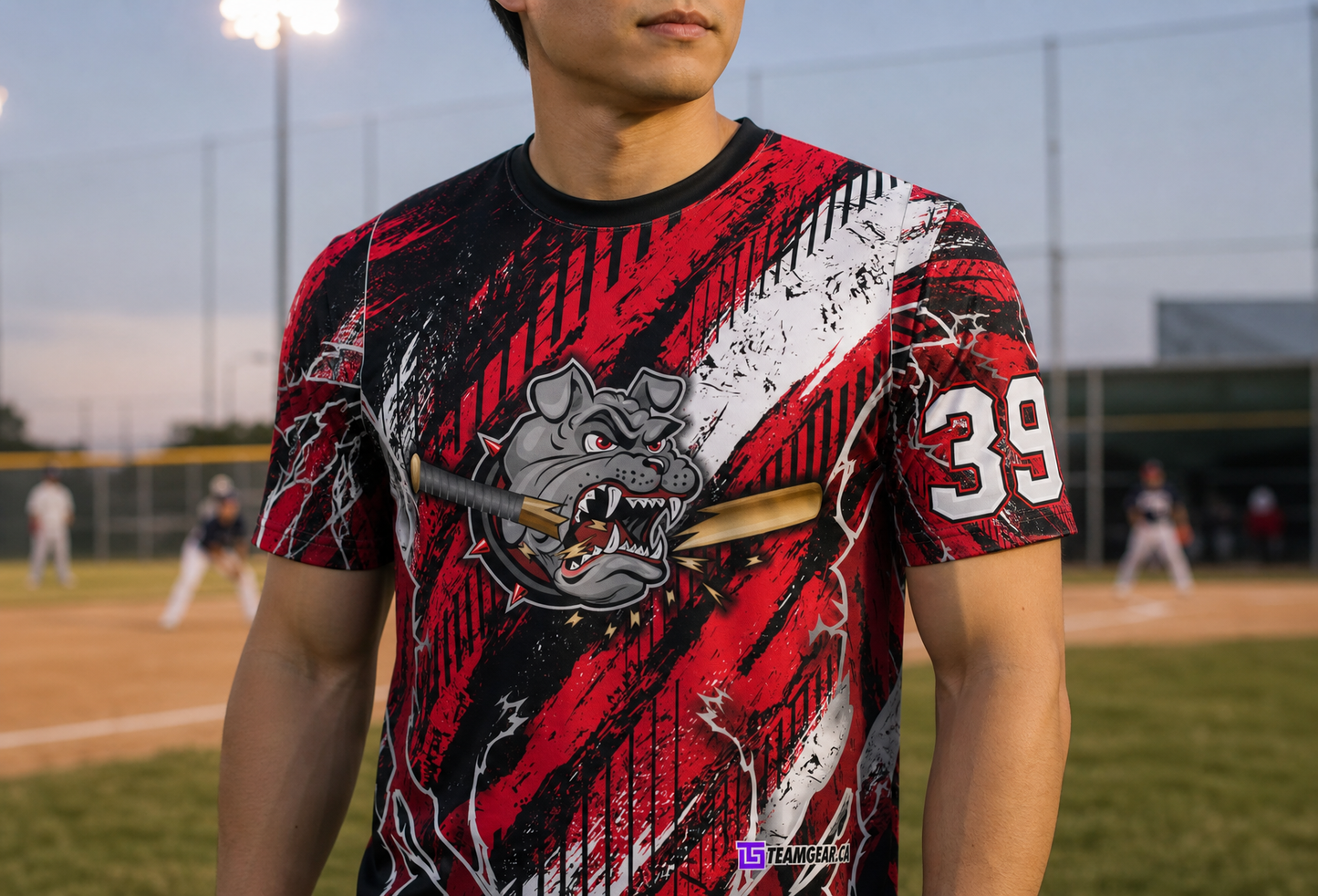 Bulldogs Red Softball Jersey — custom softball jersey worn on model — TeamGear Canada