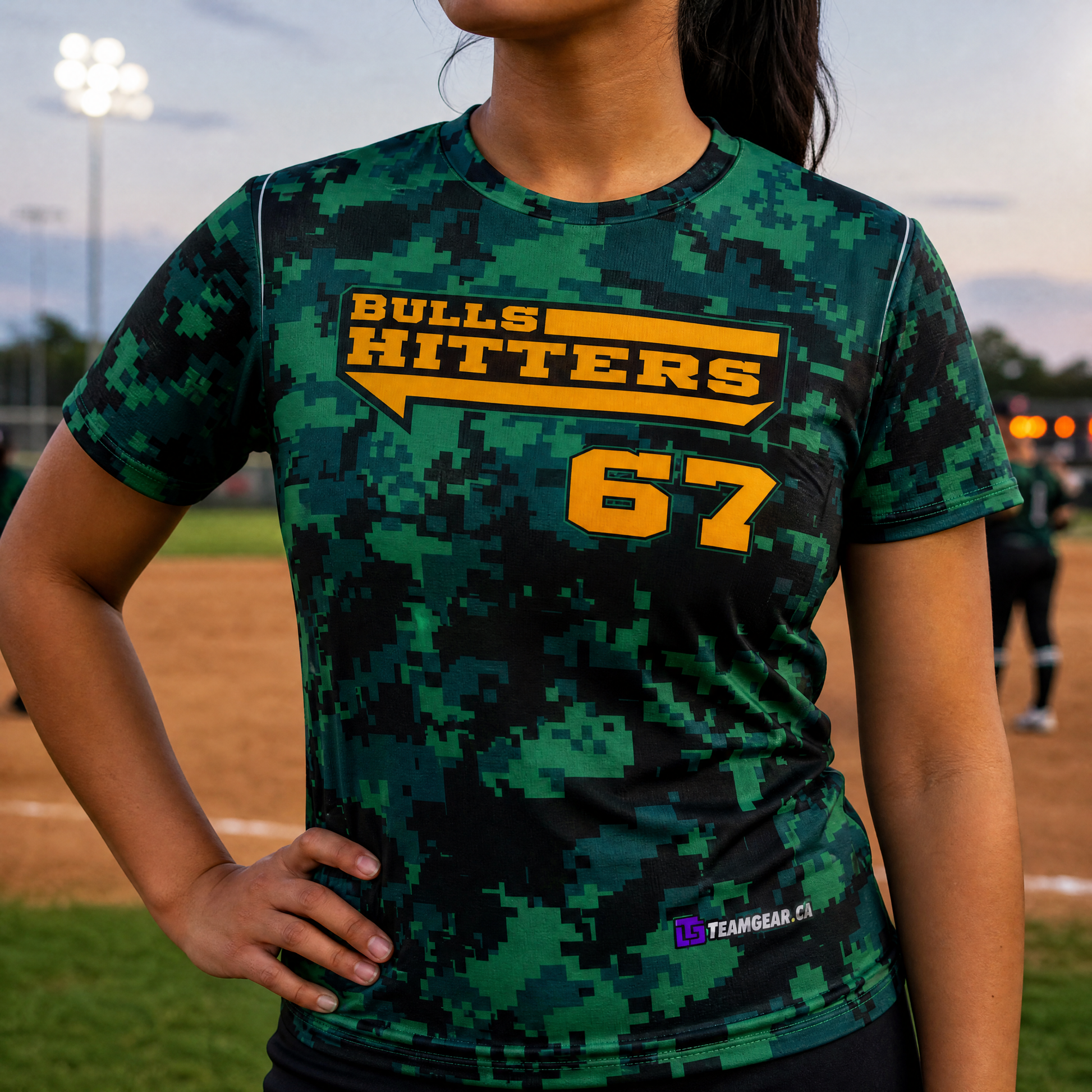 Bulls Hitters Green Camo Softball Jersey — custom softball jersey worn on model — TeamGear Canada