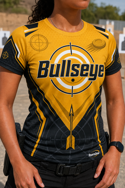 Bullseye Gold Shooting Jersey — custom shooting jersey worn on model — TeamGear Canada