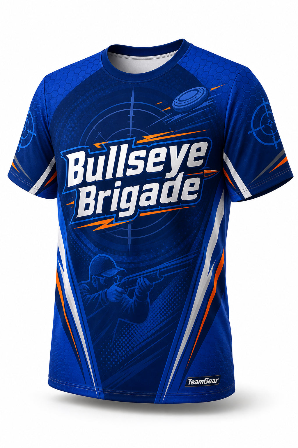 Bullseye Brigade Blue Shooting Jersey - front and back view