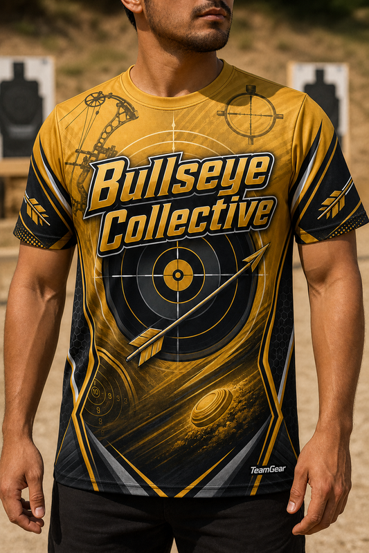 Bullseye Collective Gold Shooting Jersey — custom shooting jersey worn on model — TeamGear Canada