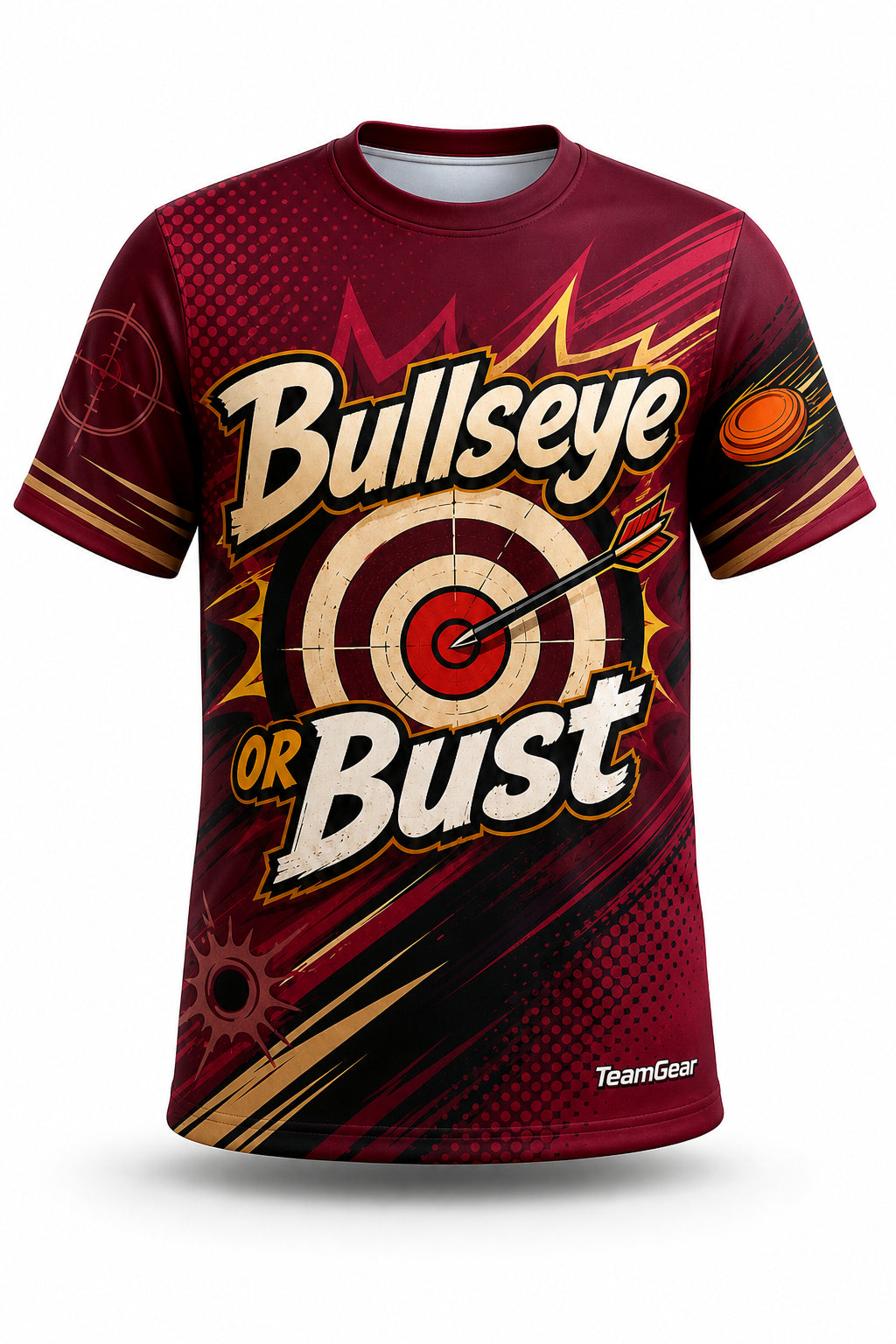 Bullseye or Bust Maroon Shooting Jersey - front and back view