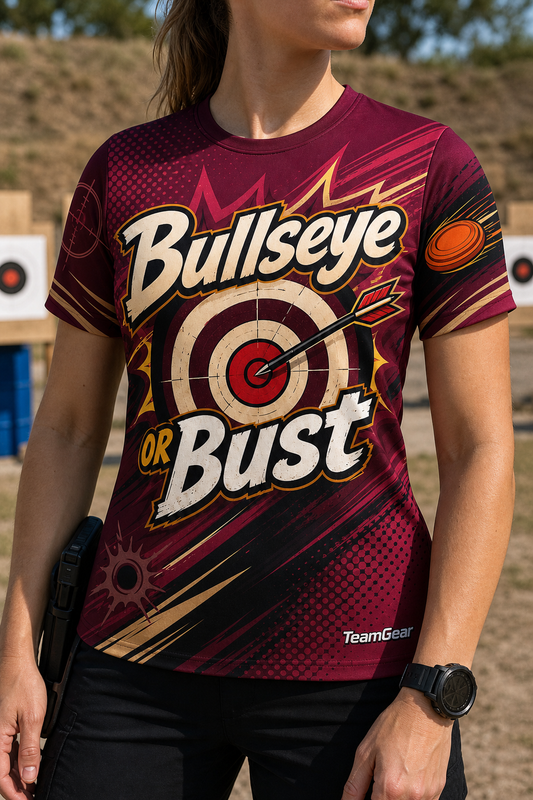 Bullseye or Bust Maroon Shooting Jersey — custom shooting jersey worn on model — TeamGear Canada