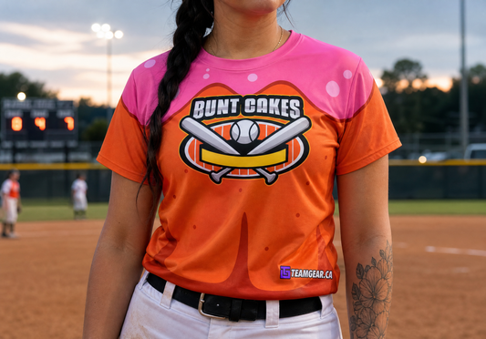 Bunt Cakes Orange Softball Jersey — custom softball jersey worn on model — TeamGear Canada