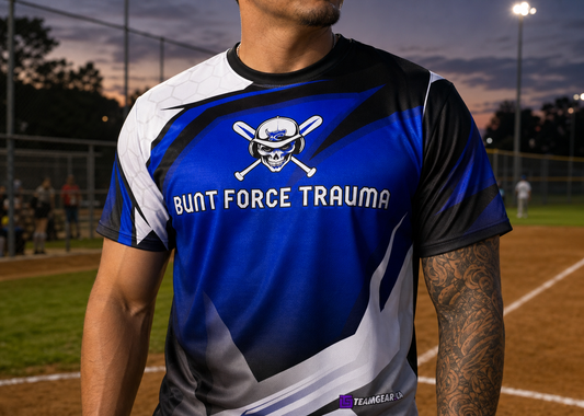 Bunt Force Trauma Black and Blue Softball Jersey — custom softball jersey worn on model — TeamGear Canada