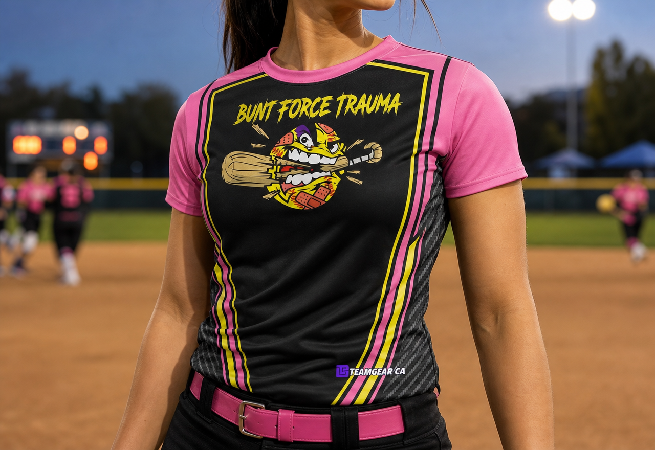 Bunt Force Trauma Pink Softball Jersey — custom softball jersey worn on model — TeamGear Canada