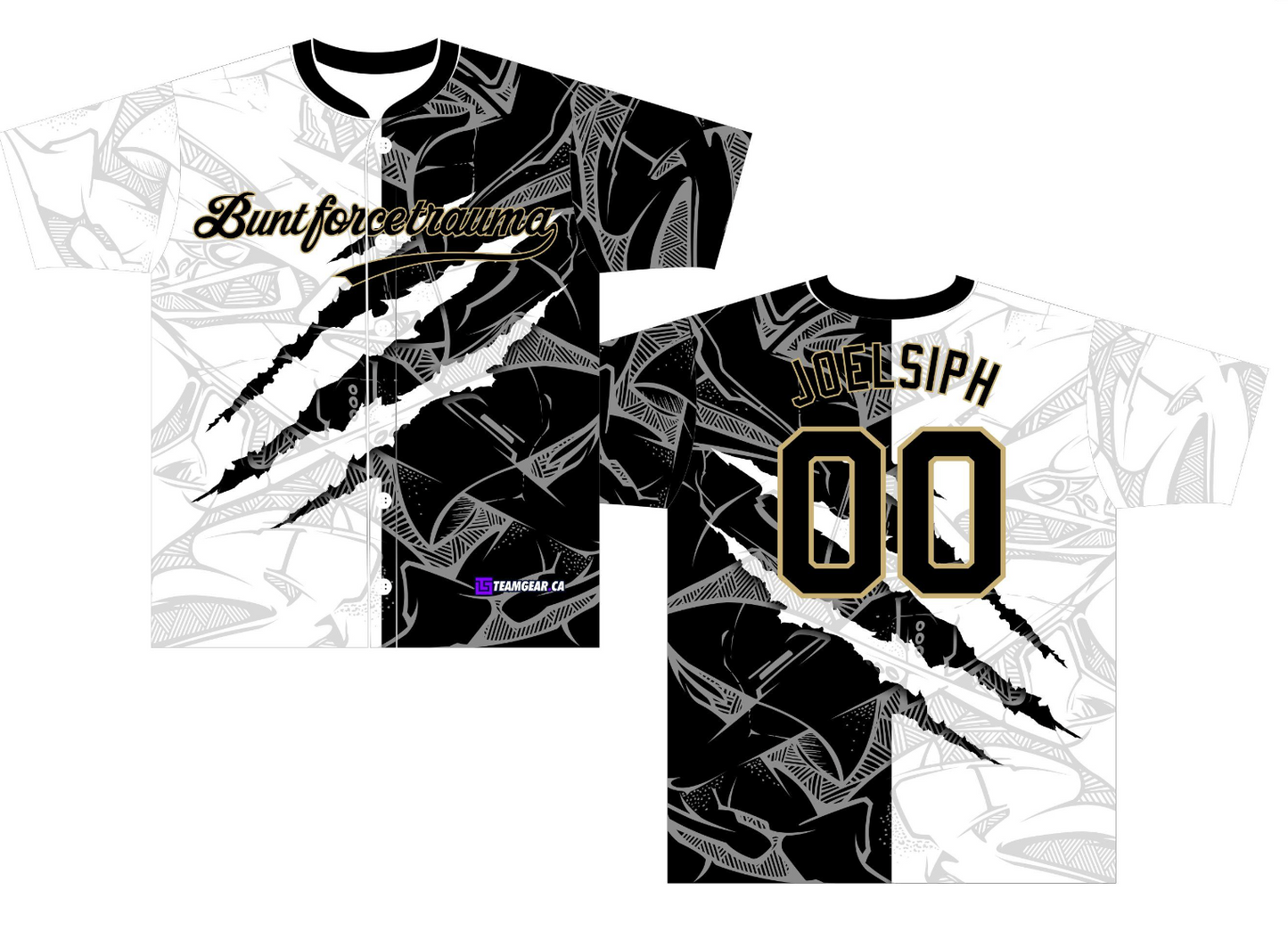 Bunt Force Trauma Splitter Softball Jersey in black and white