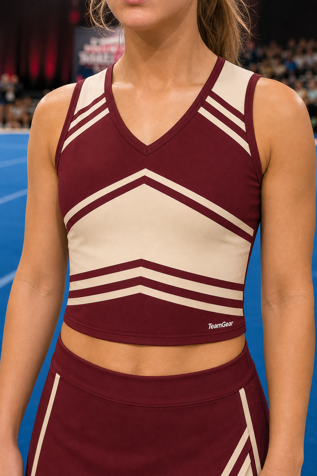 Burgundy and Cream Cheerleading Uniform — custom cheerleading team apparel worn on model — TeamGear Canada