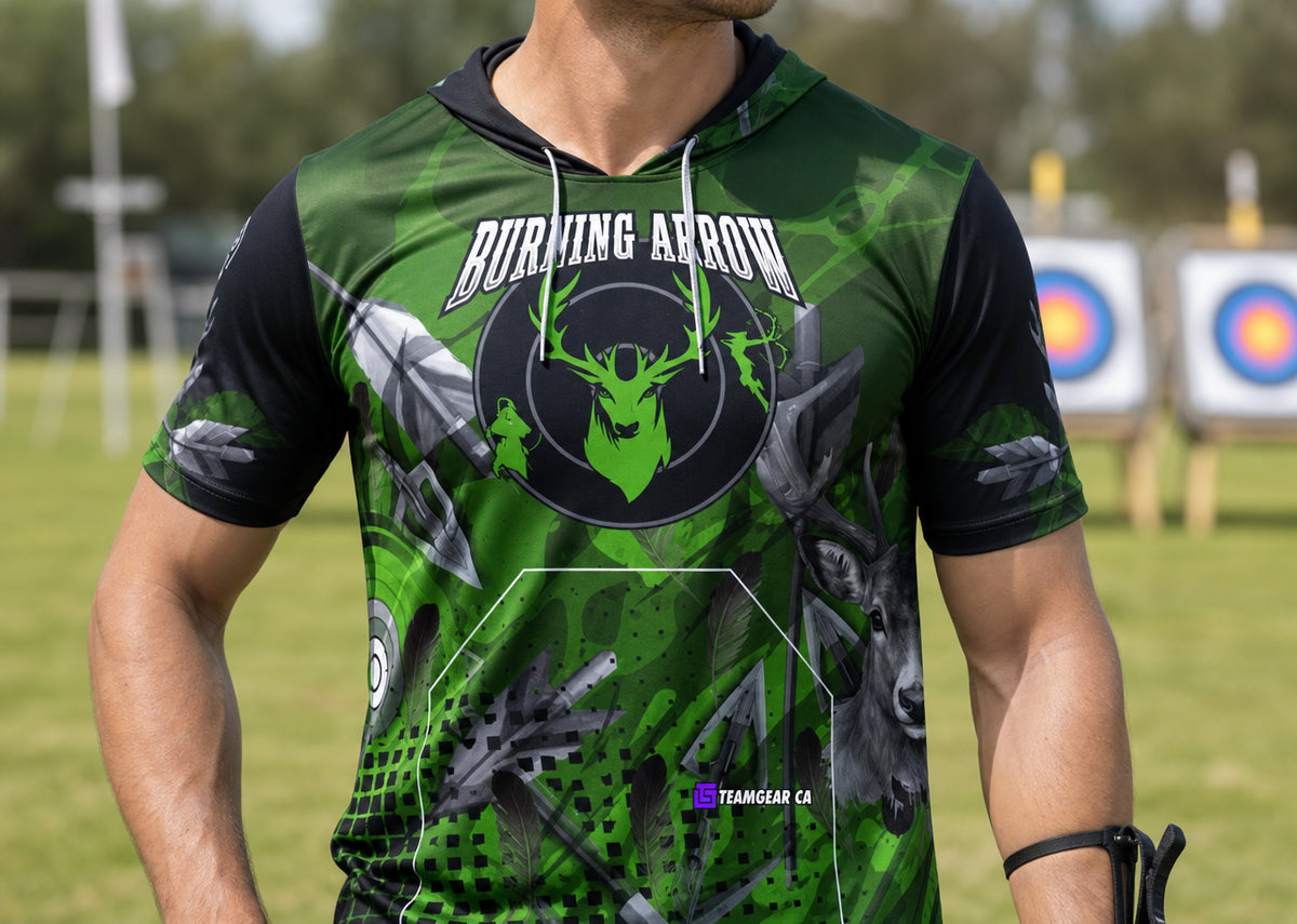 Burning Arrow Green Archery Hoodie — custom archery hoodie worn on model — TeamGear Canada