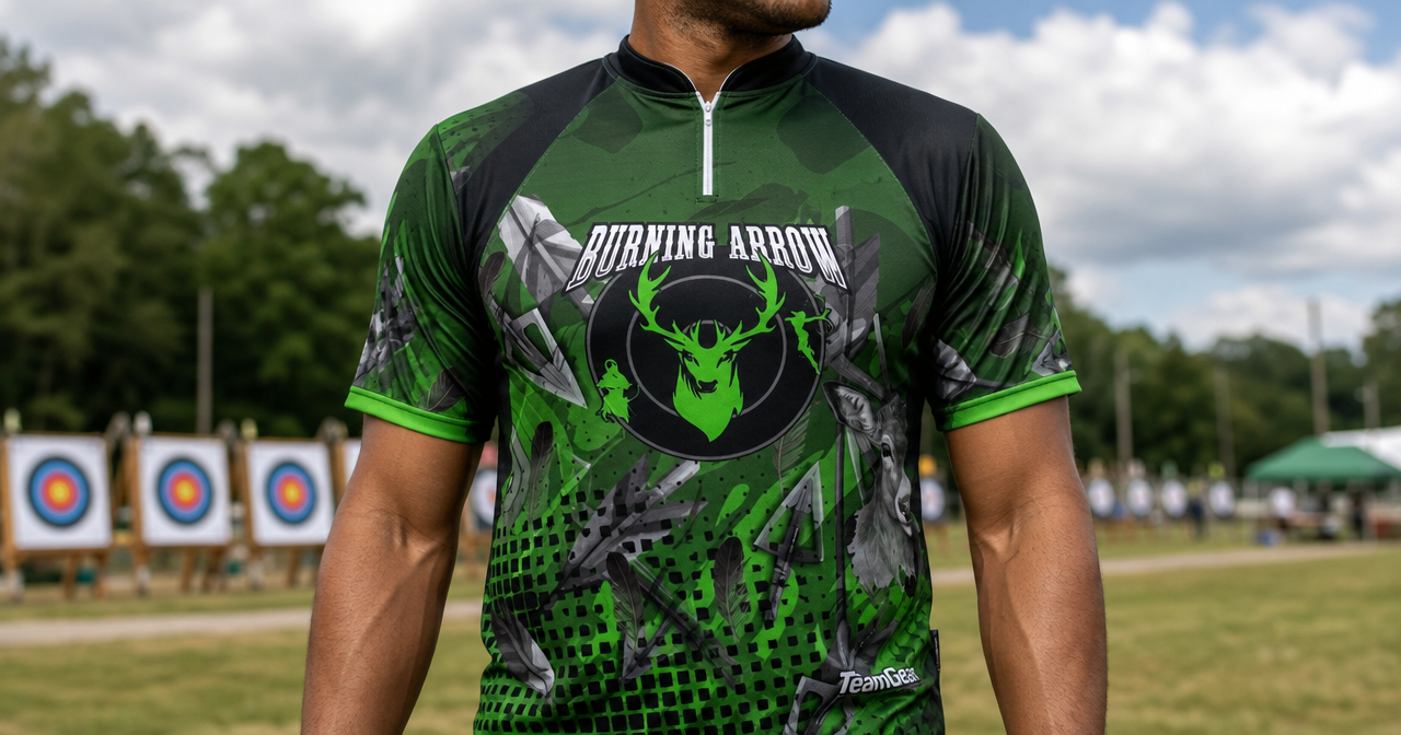 Burning Arrow Green Archery Jacket — custom archery jacket worn on model — TeamGear Canada