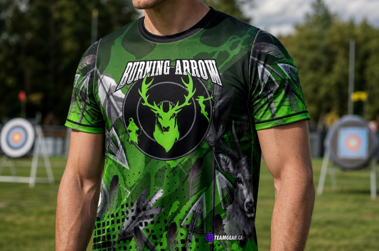 Burning Arrow Green Archery Jersey — custom archery jersey worn on model — TeamGear Canada