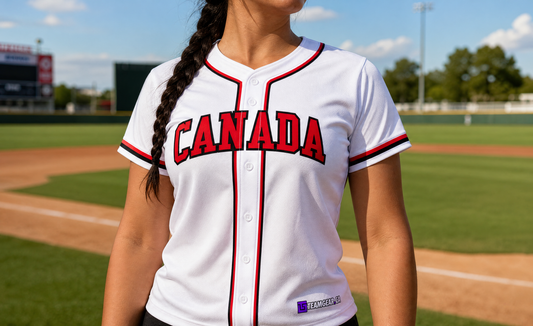Canada White and Red Baseball Jersey Full Button — custom baseball jersey worn on model — TeamGear Canada
