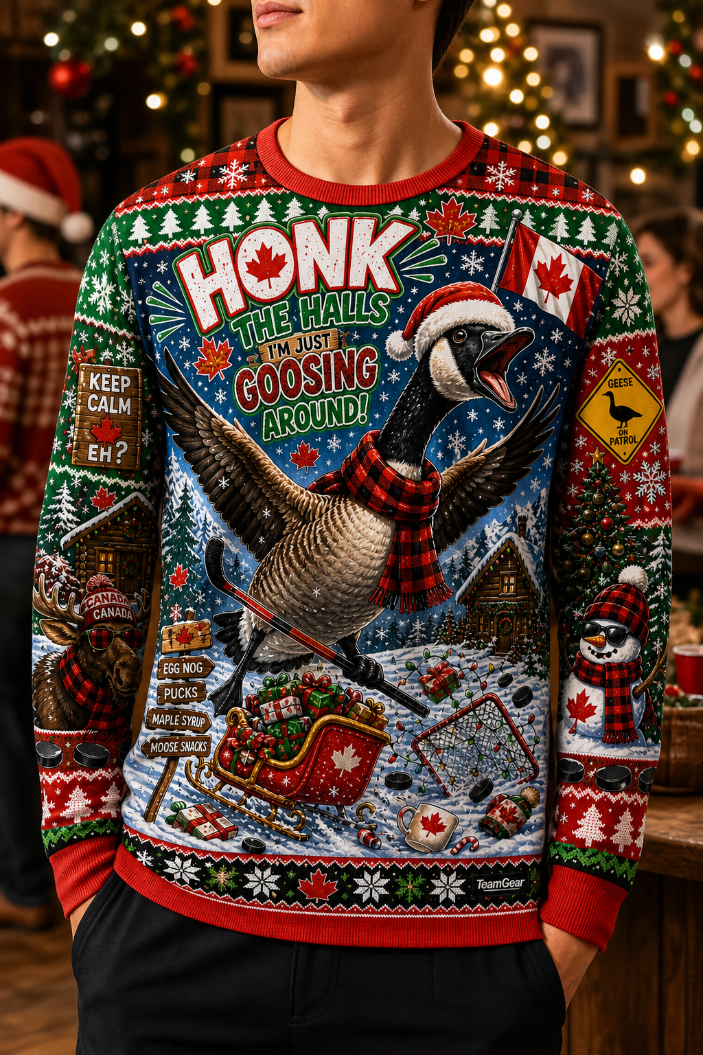 Canadian Goose Christmas Ugly Christmas Sweater — custom christmas team apparel worn on model — TeamGear Canada